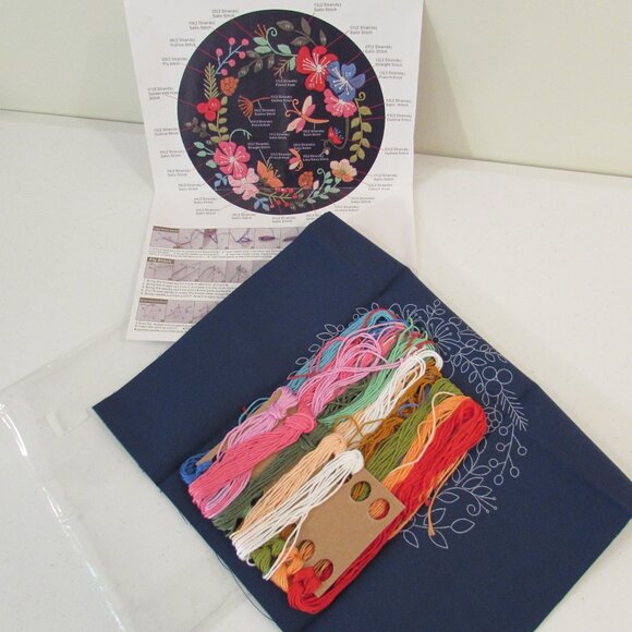 DIY Embroidery Art Kit Dark Navy Dragonfly Florals New - Picture 7 of 10